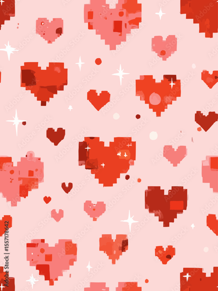Poster minimalistic seamless pattern with red pixel hearts on a pink background