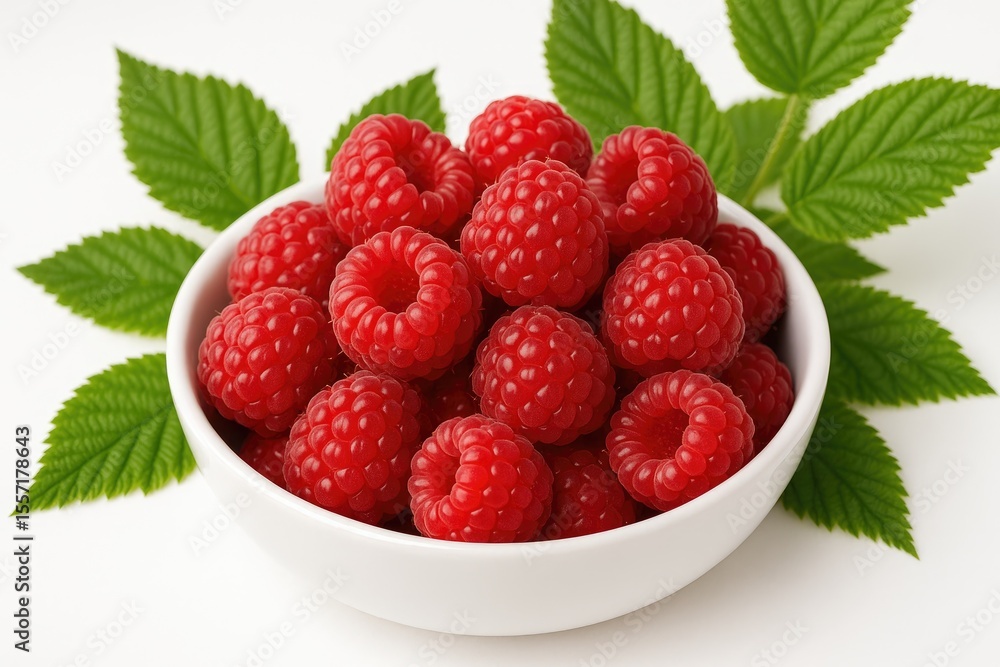 Poster fresh raspberry with greenery in a bowl