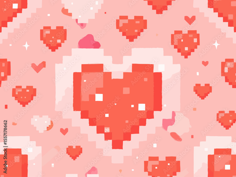Poster minimalistic seamless pattern with red pixel hearts on a pink background