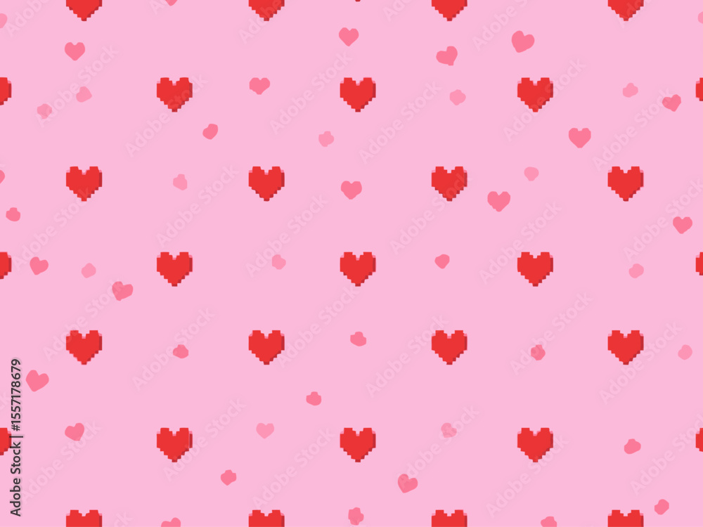 Poster minimalistic seamless pattern with red pixel hearts on a pink background