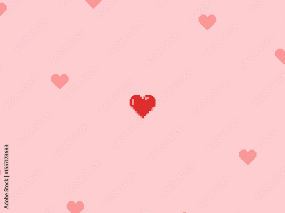 Poster minimalistic seamless pattern with red pixel hearts on a pink background
