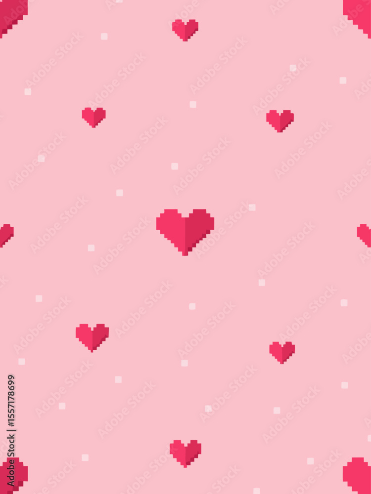 Poster minimalistic seamless pattern with red pixel hearts on a pink background