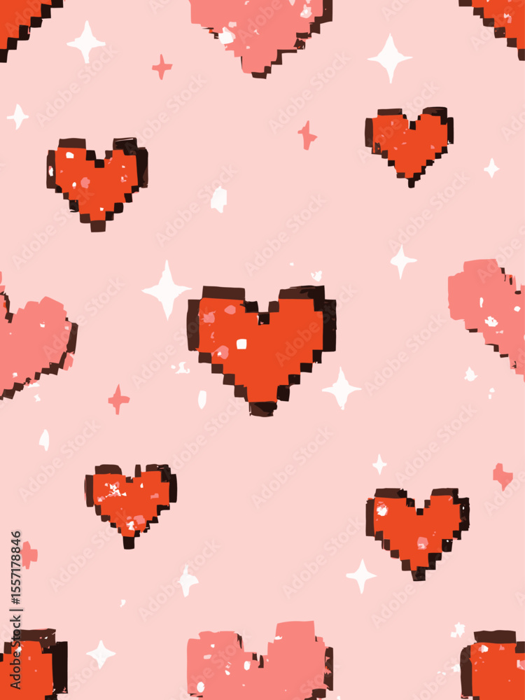 Poster minimalistic seamless pattern with red pixel hearts on a pink background