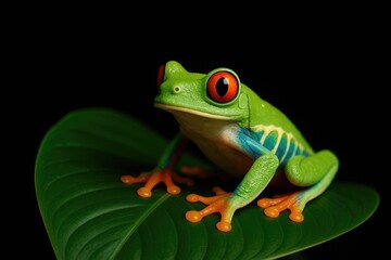 Obraz premium Red-eyed amphibian resting on foliage against a dark backdrop