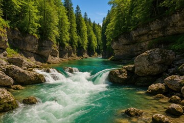 Fast-moving waters flowing through the canyon of a Bavarian river with clear waters in the Scheibum region