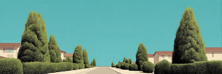 Serene suburban street with emerald hedges, reminiscent of Retro Futurism, invoking Arbor Day tranquility and neighborhood nostalgia
