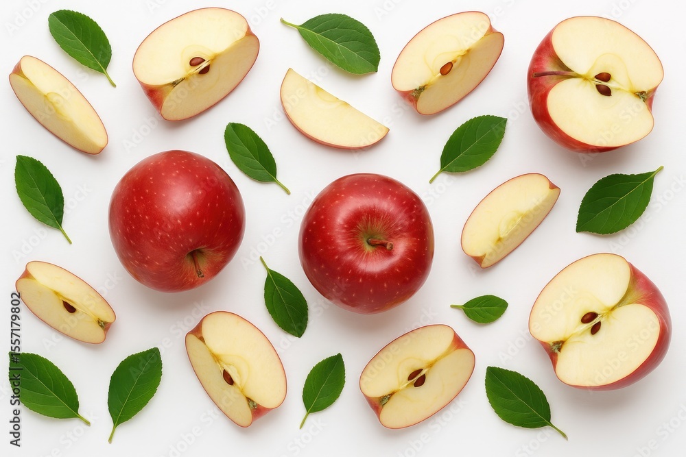 Poster assorted red apples with slices and green leaves on a white surface from a top-down perspective