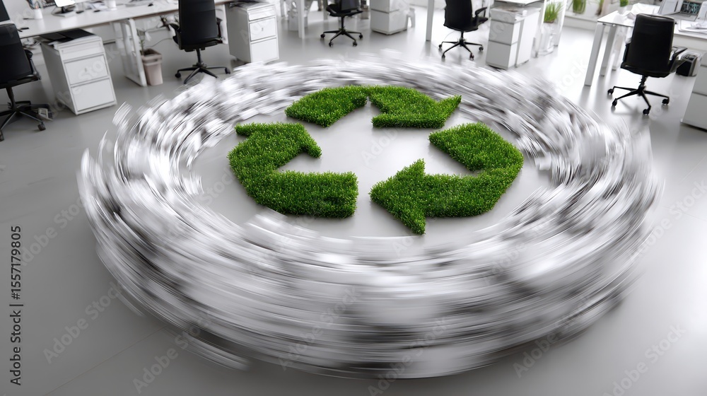 Poster sustainable business practices overhead view of office recyclables in modern workspace environment