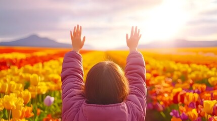 Girl joyfully celebrates in sunset tulip field