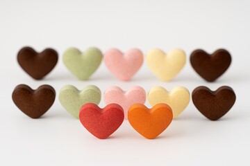 Fototapeta premium Vibrant heart-shaped herbal pills and supplements arranged in a colorful display with a prominent red and orange heart motif in the forefront.