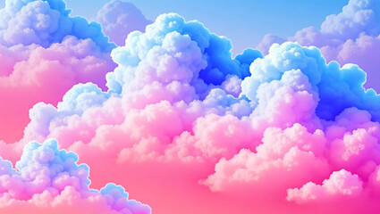 Fluffy clouds in pastel pink, purple, and blue against a gradient sky, creating a dreamy, whimsical scene.