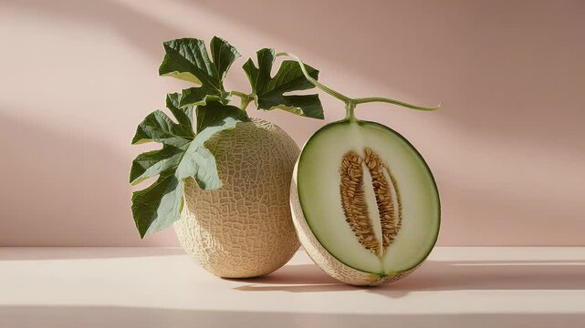 Fresh cantaloupe fruit with leaves healthy food photography