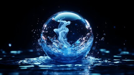 Glowing water sphere, swirling mist, dark background, purity concept