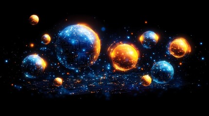Glowing spheres orbiting, dark space, energy, digital art
