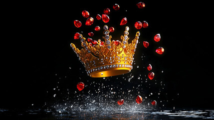 Gold crown jewels splashing dark water, red gems falling