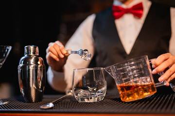 Professional female bartender preparing alcoholic drinks in a bar