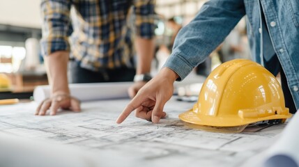 Construction Blueprint Planning with Safety Helmet and Team Collaboration