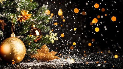 Golden Christmas ornaments, snowy tree, bokeh background