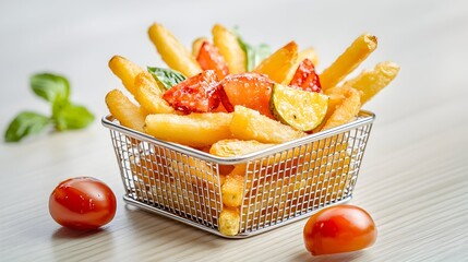 Gourmet fries, lime, tomato, basil, wire basket, wood table, food photography