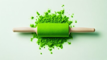 Green rolling pin in matcha powder, studio shot, baking