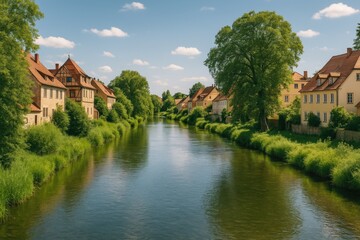 Obraz premium Picturesque landscape of a waterway flowing through historic district