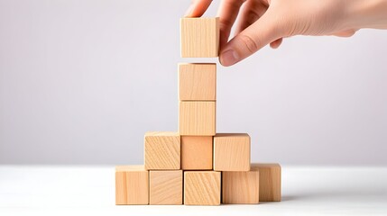 Hand placing wooden block on tower, growth, strategy, studio