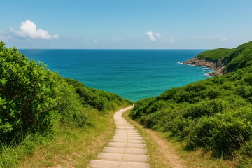 Fototapeta premium Picturesque Seaside Trail with Stairs and Verdant Foliage Offering Ocean vistas