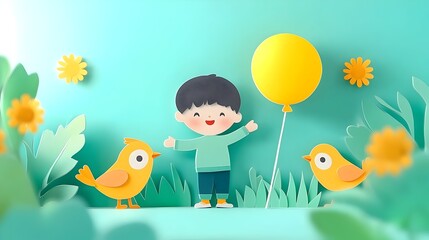 Happy boy paper art, balloon, birds, garden, spring