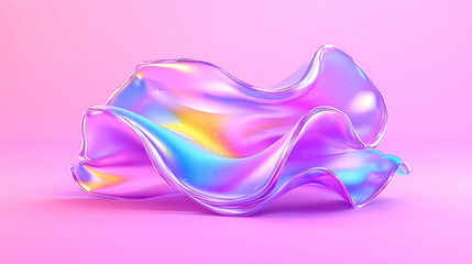 Iridescent liquid flowing, pink background, 3D render, abstract design