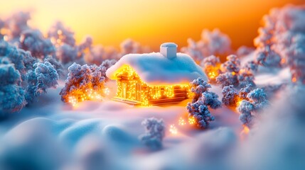 Illuminated snowy cabin sunset winter wonderland postcard