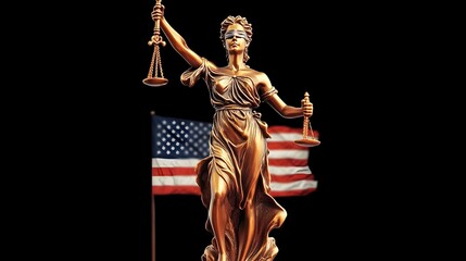 Lady Justice statue, scales, blindfold, US flag, legal concept