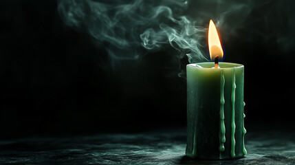 Green candle burning on dark background with copy space
