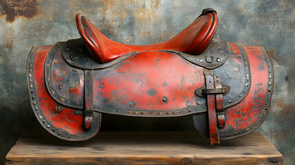Vintage Red Leather Saddle Resting on Rustic Wooden Plank Surface