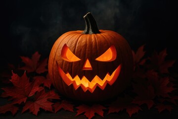 Eerie carved pumpkin glowing with an inner light surrounded by crimson foliage