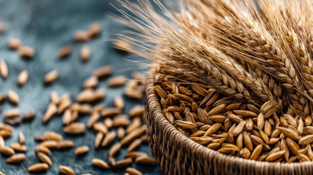 A rustic woven basket overflowing with golden wheat grains and stalks sits on a dark textured surface with scattered grains nearby representing a harvest abundance.