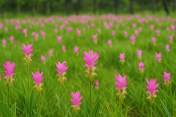 Fototapeta premium Vibrant pink blooms in a scenic flower meadow at a protected natural reserve. Celebrating the annual tulip event amidst wild blooms thriving in a tropical jungle setting.