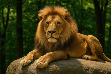 Obraz premium Majestic lion lounging atop a rocky outcrop amidst lush green forest, captured in a detailed close-up with a vibrant golden hue and surrounding foliage.