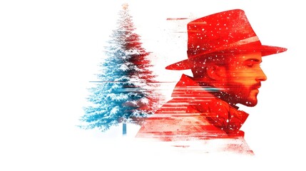 Man, winter, hat, snow, Christmas tree, profile, glitch, festive, holiday, overlay