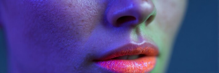 Neon-lit lips shimmer under cosmic hues, invoking alien festivals and futuristic celebrations of Diwali and Dia de los Muertos