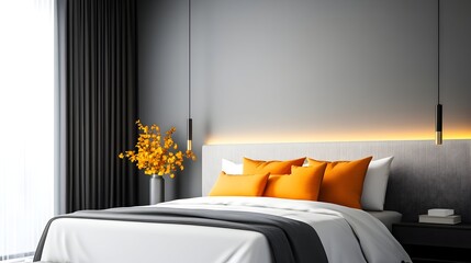 Modern bedroom, orange pillows, city view,  interior design