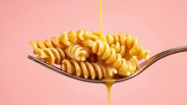 Close-up of fusilli pasta on a fork with sauce dripping on a pink background