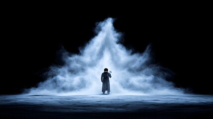 Mystic figure, hammer, smoky stage, darkness, fantasy