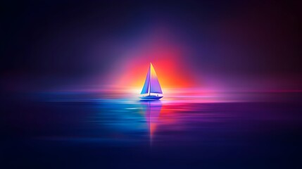 Neon sailboat sunset ocean; calm sea, digital art