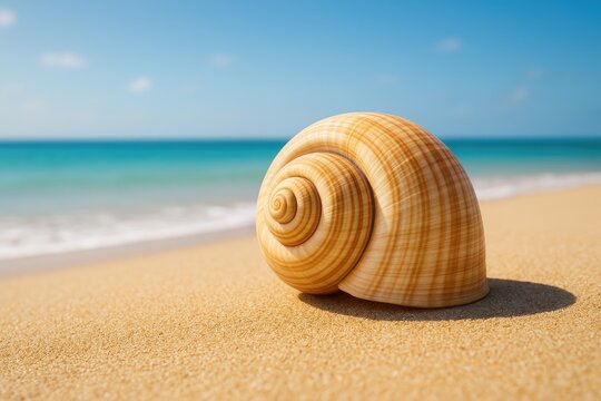 Spiral-shaped seashell resting on sandy beach under bright sunlight