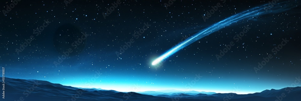 Poster meteorite streaking through dark alien planetary landscape, casting brilliant luminescence across no