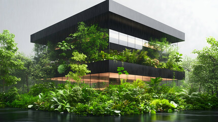 Rain-soaked green eco-building in jungle