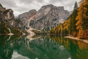 Autumnal scene of a mountain lake surrounded by rugged peaks on a cloudy day
