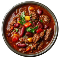 top down photo of beef chili stew in bowl on isolated [Transparent Background PNG]