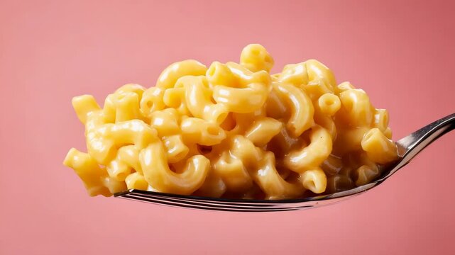 Creamy mac and cheese on a silver fork against a solid pink background studio shot