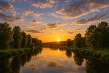 Obraz premium Beautiful landscape featuring a sky, lush trees, and flowing river